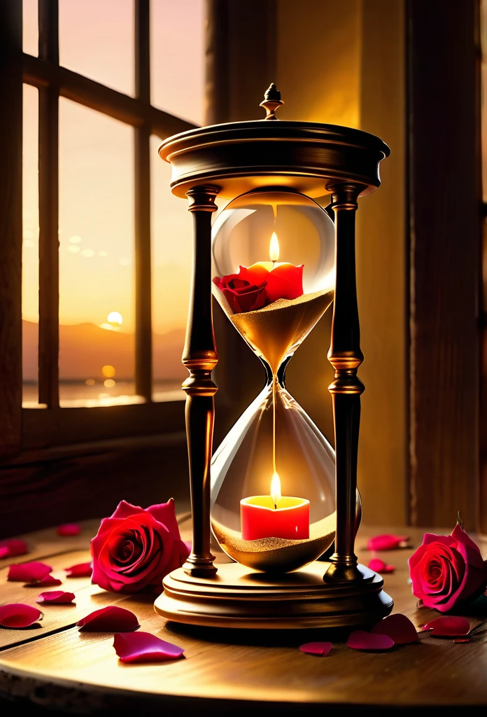 "A golden hourglass placed on an antique wooden table, with fine, glistening grains of sand slowly falling from one chamber to the next. Around the hourglass, there are scattered rose petals, an open pocket watch and a lit candle, creating a welcoming and nostalgic atmosphere. Ao fundo, a window lets in the soft evening light, highlighting the serenity and beauty of the moment."