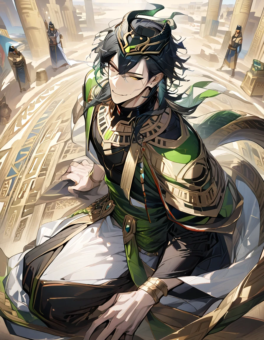 masterpiece, highres, absurdres, illustration, ((masterpiece:1.4, best quality)), (Ultra detailed background), 1boy, handsome man, highly detailed beautiful face and eyes, beautiful eyes, (sharp detail:1.3), shiny, earrings , bracelet, (bare torso:1.3), 1boy, sitting on floor, dynamic angle, full body, brown skin, black, gold, green, long hair, black hair, voluminous hair, bishounen, boy, male, yana Toboso style, long hair, black hair, green eyes, smile, handsome, muscular, tall, egypt, egyptian style, green clothing, soft fabric, snake, snake tail, without shirt