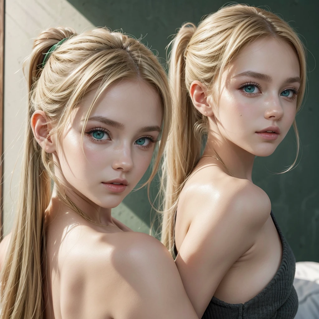 blonde with green eyes,Ponytail hair,
