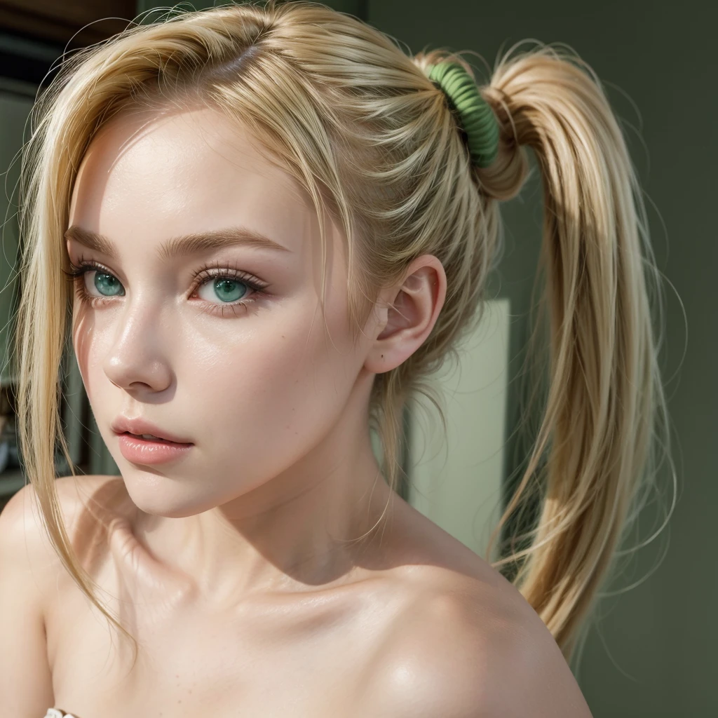 blonde with green eyes,Ponytail hair,