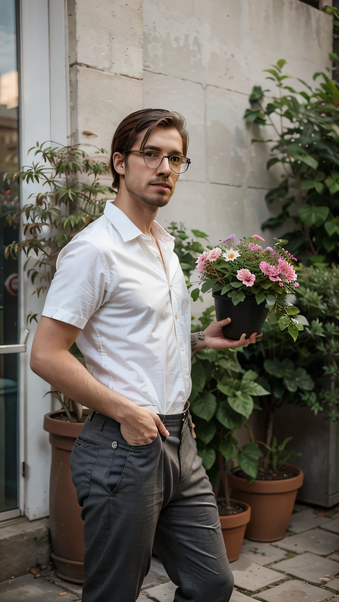 hipster man, wearing shirt and trousers, posing with flower pot