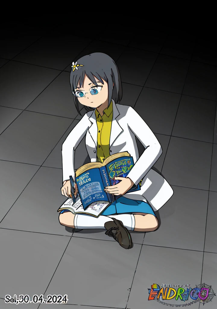 Realistic, Girl, dark hair, blue eyes, flower hairpin, white lab coat, yellow shirt, blue skirt, black shoes, white socks, dark blue calculus book,writing,studying on the floor, half dark room