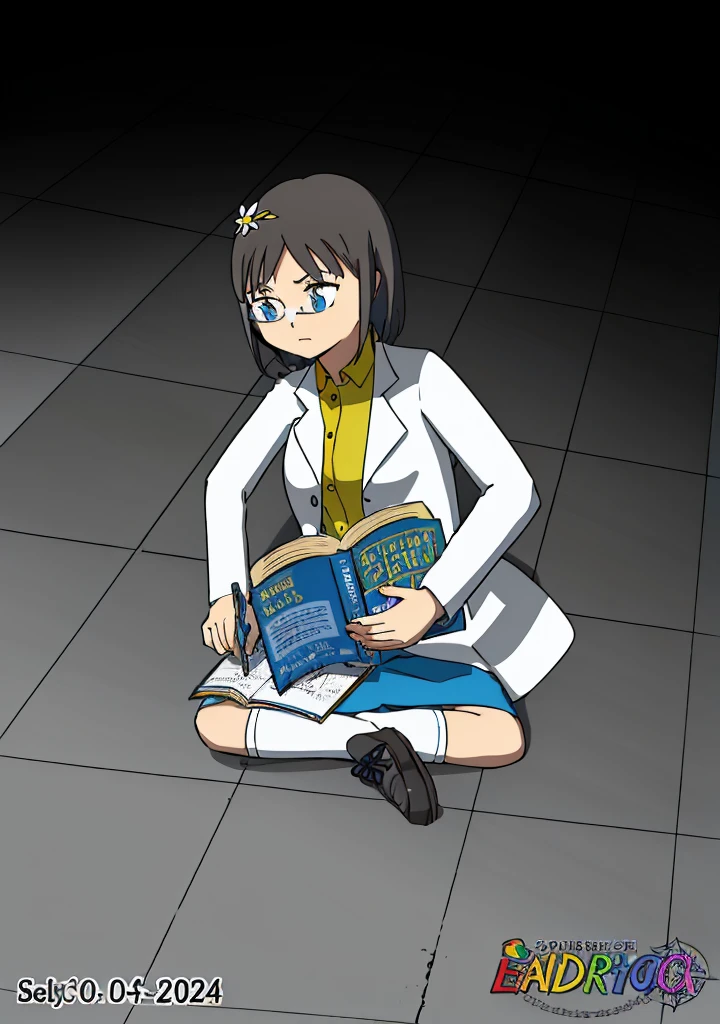 Realistic, Girl, dark hair, blue eyes, flower hairpin, white lab coat, yellow shirt, blue skirt, black shoes, white socks, dark blue calculus book,writing,studying on the floor, half dark room
