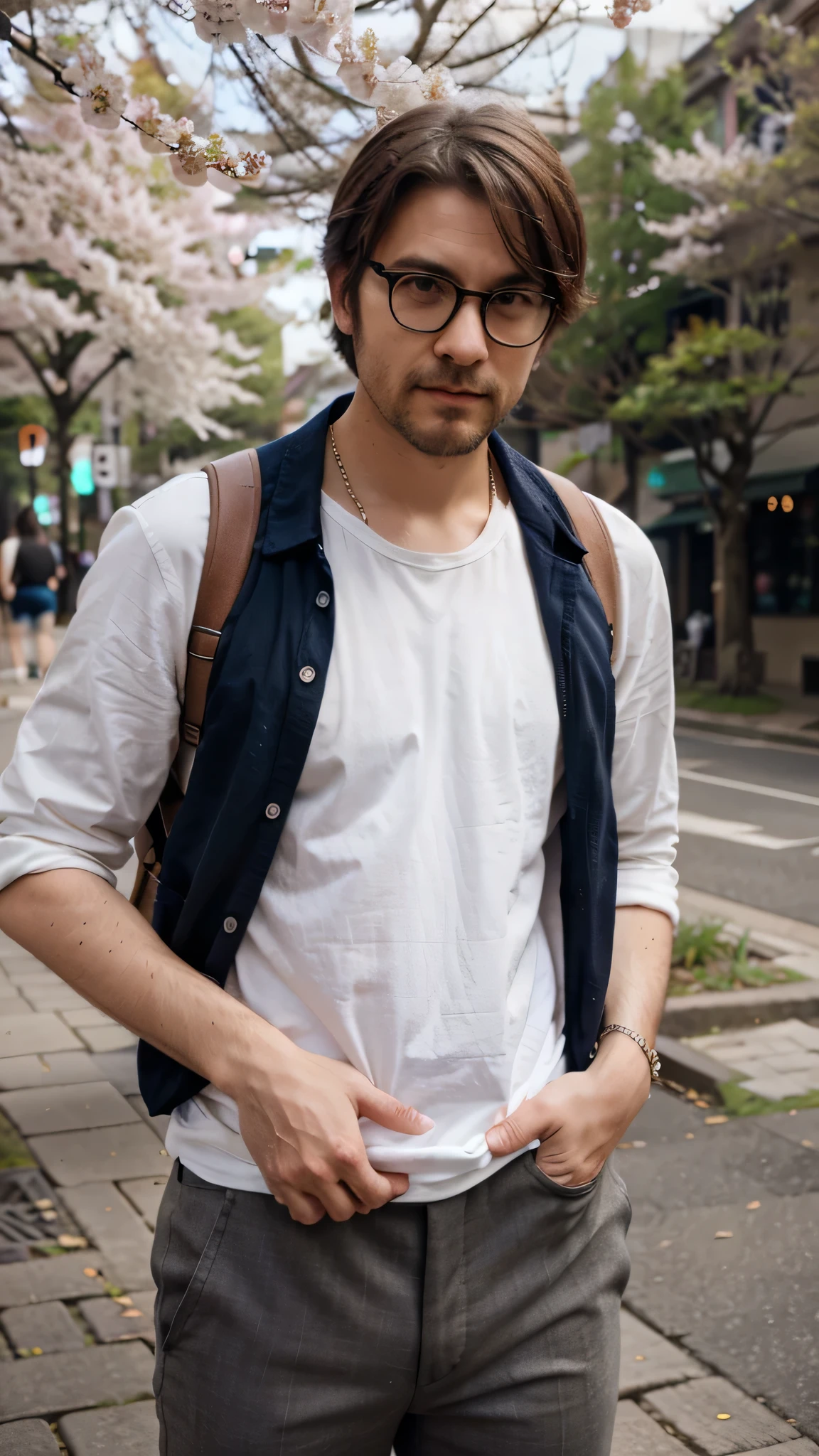 close-up, hipster man, wearing shirt and trousers, posing near the sakura