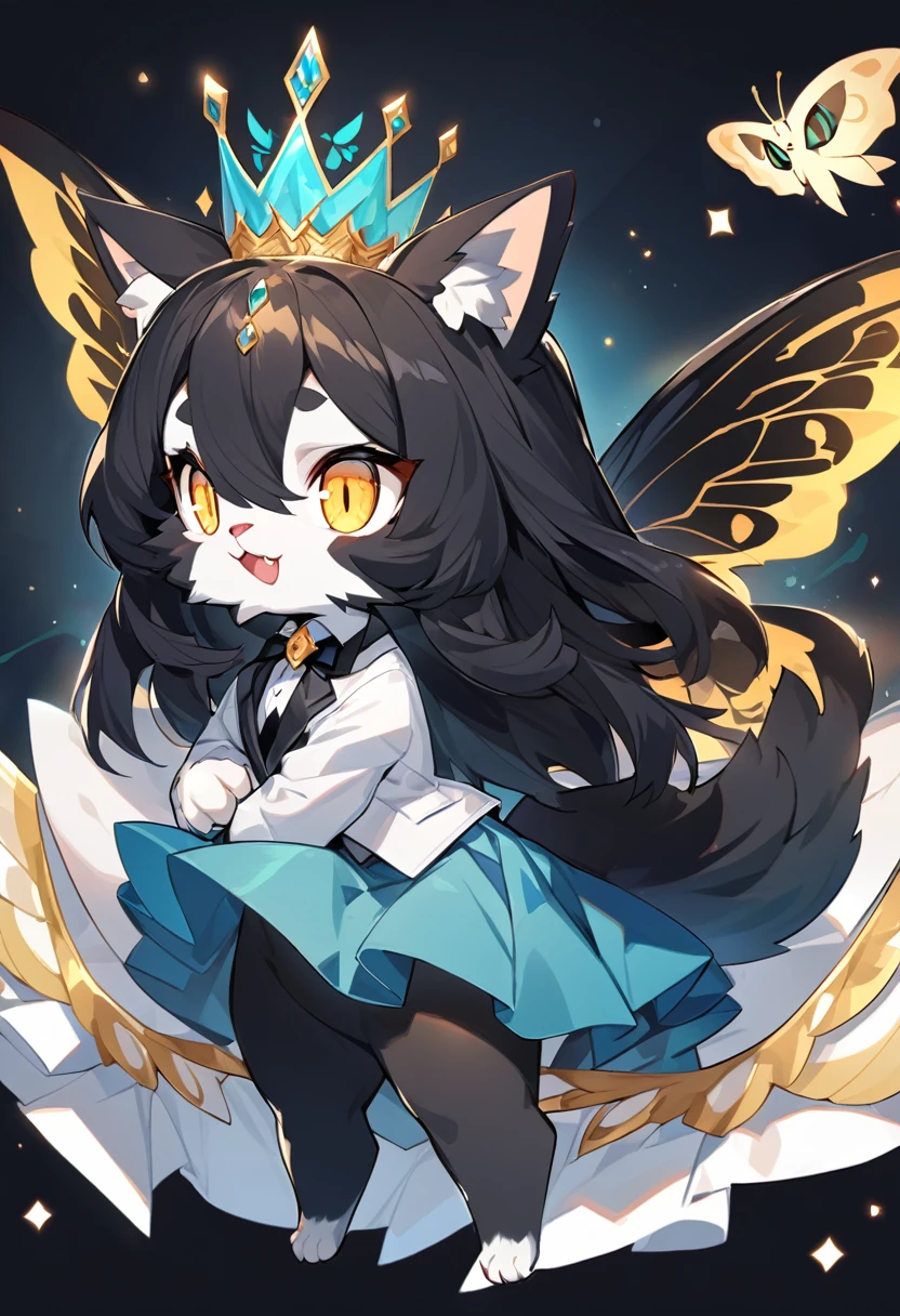 Solo female,Furry,Tuxedo cat,Yellow eyes,black long hair,her hair looks like the wings of a moth,A turquoise crown,White t-shirt,Blue skirt,,Black capri tights under the skirt