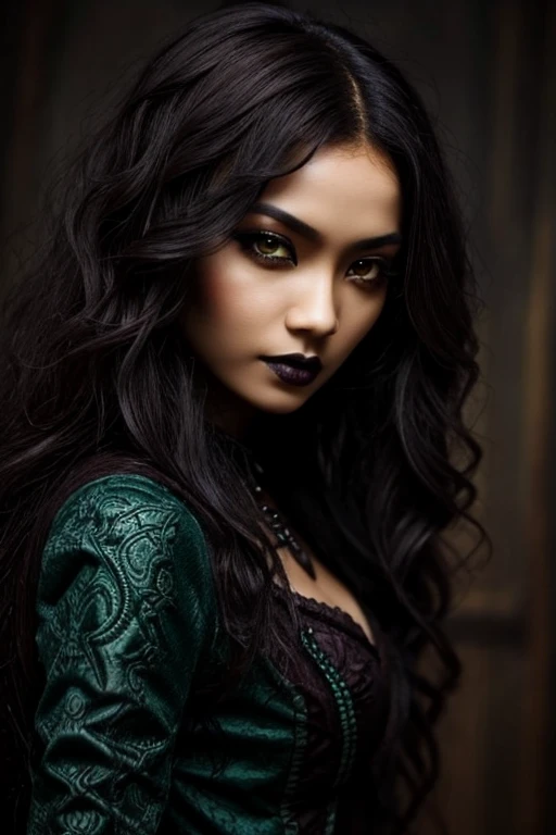 African and asian features, woman, goth, fantasy vampire, long dark brown hair, tight curly hair, dark green eyes, gothic clothes