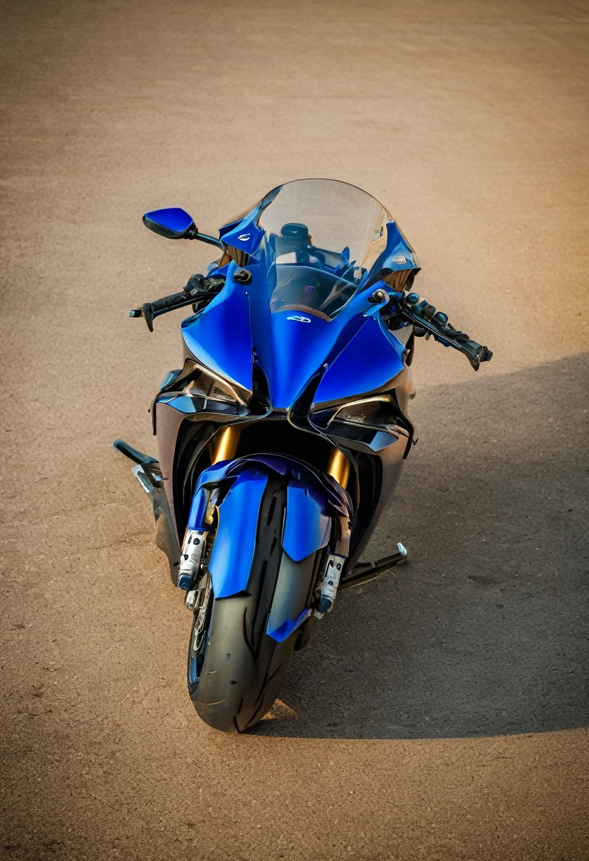 blue Yamaha YZF-R7, cinematic camera angle, phone wallpaper, masterpiece quality, cinematic photography