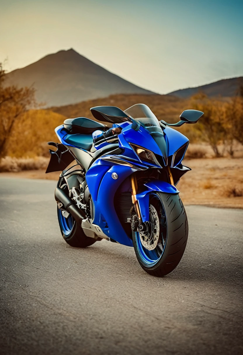 blue Yamaha YZF-R7, cinematic camera angle, phone wallpaper, masterpiece quality, cinematic photography