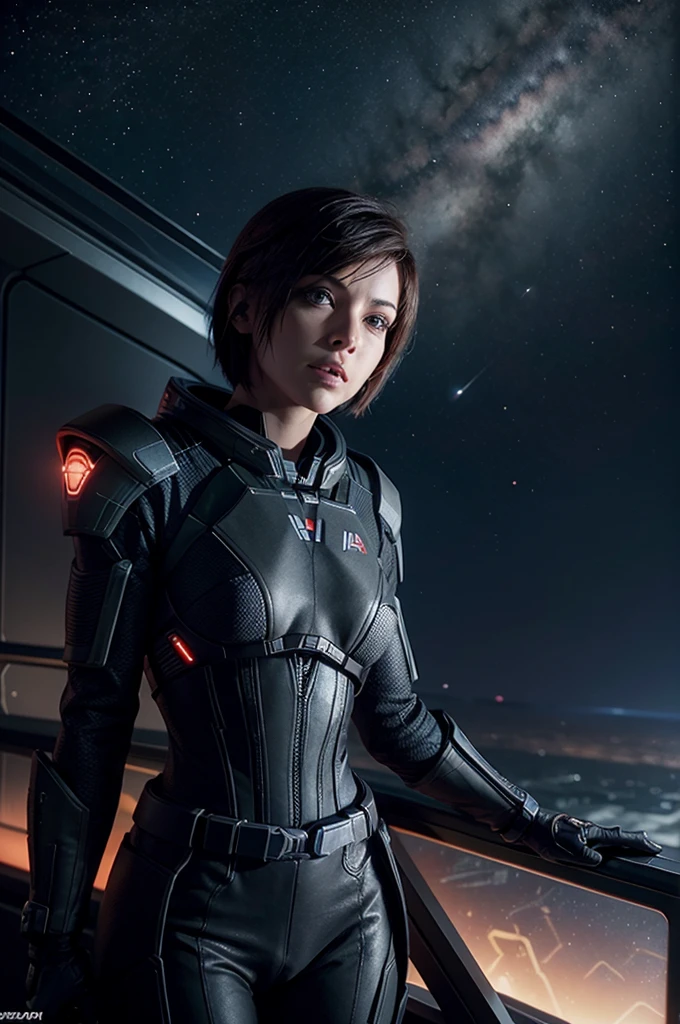 photo of Shepard from Mass Effect looking at the horizon of a ship, space is full of stars and color