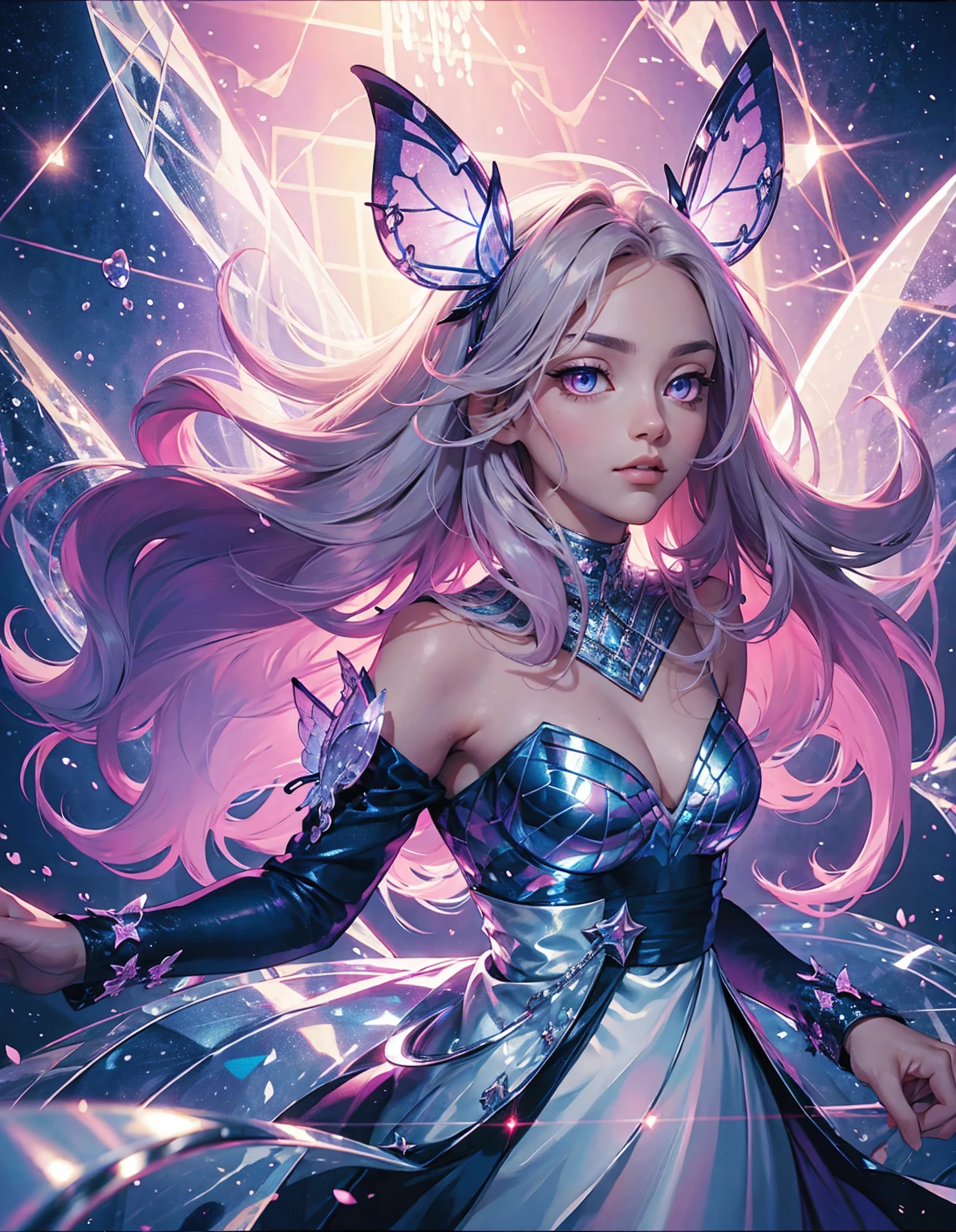 Near viewing, MASTERPIECE, HIGH QUALITY, 8k, Beautiful, Mesmerising, fluffy hair, Detailed Eyes, Pink eyes, starrystarscloudcolorful, add_detail:1, add_detail:0, add_detail:0.5, starlight, star, Rainbow colours, A lot of colours, Surprised, astonished, surprised, surprise, SURPRISE, butterfly style