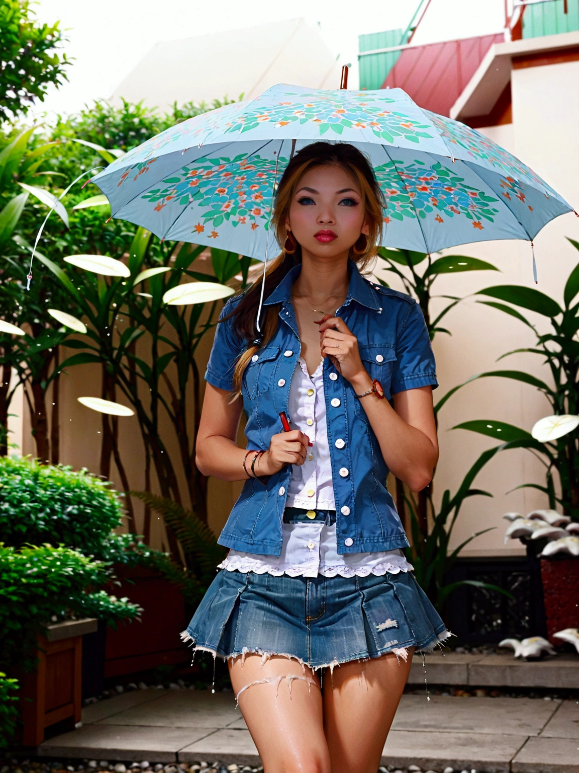 a young beautiful woman holding an umbrella, anime style, beautiful detailed eyes, beautiful detailed lips, extremely detailed face, longeyelashes, 1girl, solo, full body, low ponytail haircut, garden, rainy day, vivid colors, (masterpiece, best quality)