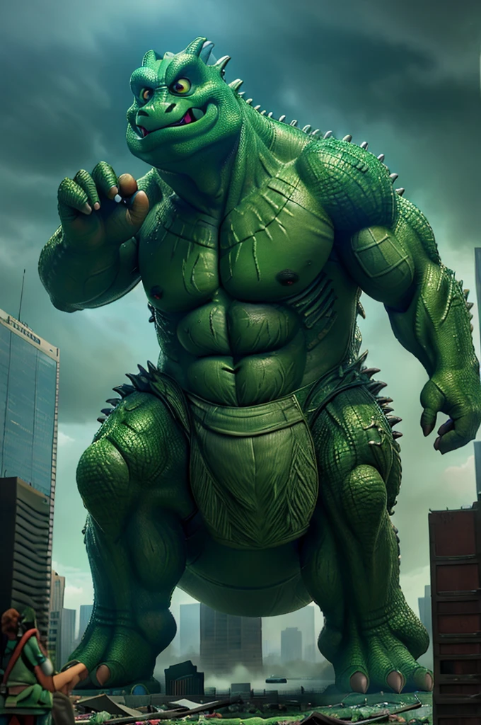 A massive green Godzilla monster with highly detailed muscular body, extremely detailed scales and skin texture, stomping through a detailed city landscape with skyscrapers, destruction, chaos, cinematic lighting, dramatic camera angle, epic, photorealistic, 8K