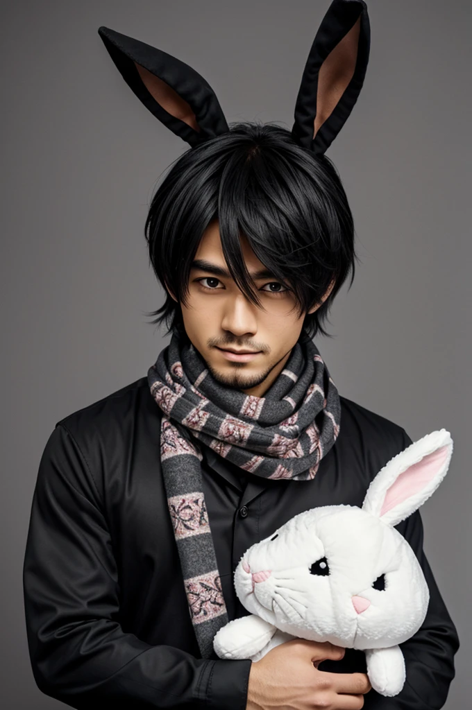 a anime picture of a guy to with a scarf and he is in black, 1boy, male focus, solo, grey scarf, scarf, black hair, stubble, long hair, full body, simple background, pants, white background, hands in pockets, boots, facial hair, and a little anime girl, wearing a full face bunny mask, holding a bunny plushie, wearing a floral nightgown