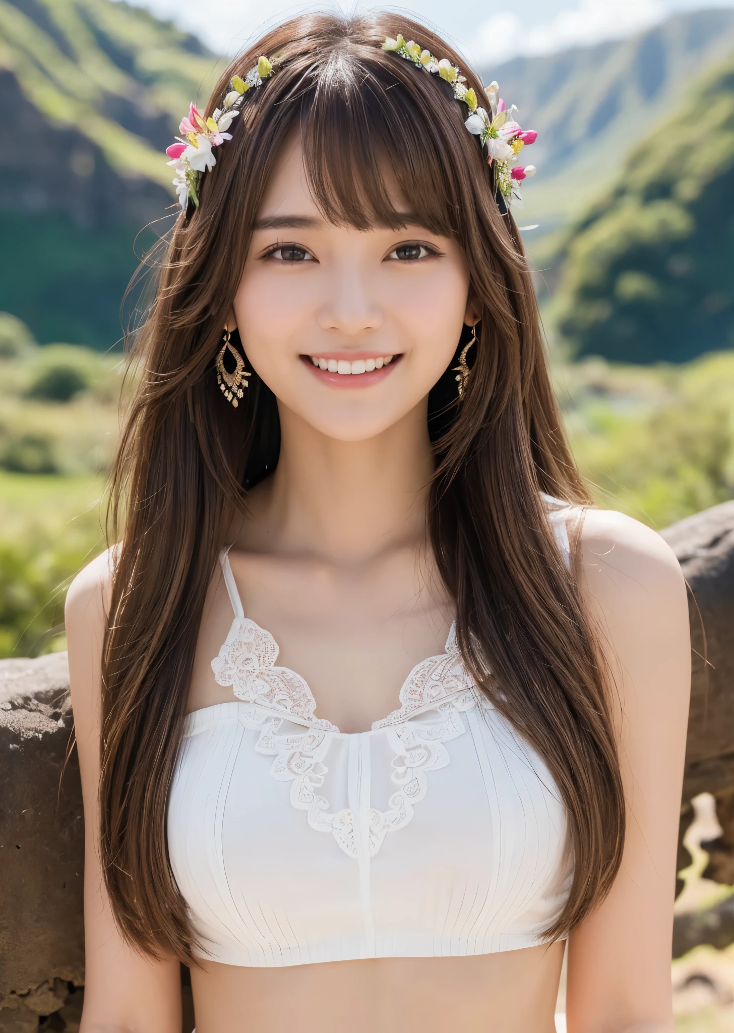 Eat pancakes,Flat Chest、(Slim body）、((Slim body))、Long Hair,bangs,,masterpiece,diamond、Earrings,background of fantasy,(((Brown Hair)))、 hair ornaments,Headband,（Brown Hair）, White tank top、Waimea Canyon、There is a rainbow in the sky、Hawaii、 Highest quality, High resolution, unity 8k wallpaper, (shape:0.8), (Beautiful details:1.6), Highly detailed face, Sing happily、looking at the camera、laugh、smile、whole body、
