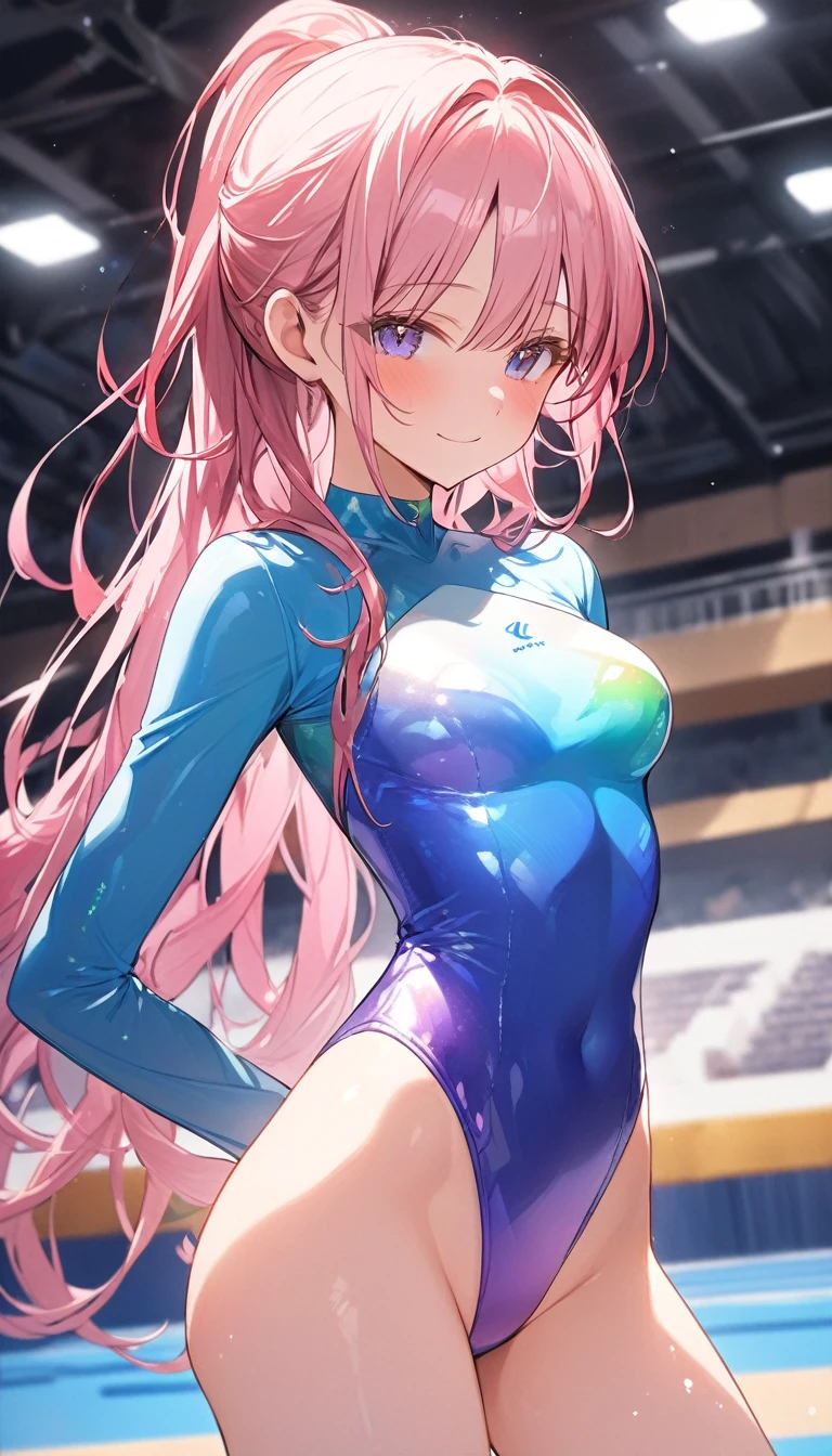 highquality illustration, masterpiece, very delicate and beautiful, attractive girl,(gymnastics leotard,long sleeve leotard with glittery decoration,high_leg leotard,athletic leotard,tight-fit leotard,iridescent gradient leotard,long-sleeve leotard),thin,slender body,slim,high school,gymnasium background,gymnastics club,gymnastics athlete,princess, beautiful eyes,light smile,(masterpiece, best quality:1.2), highres, extremely detailed CG unity 8k wallpaper, perfect lighting, Colourful, ultra-high res,4K,ultra-detailed, photography, 8K, HDR, s,cowboy shot,