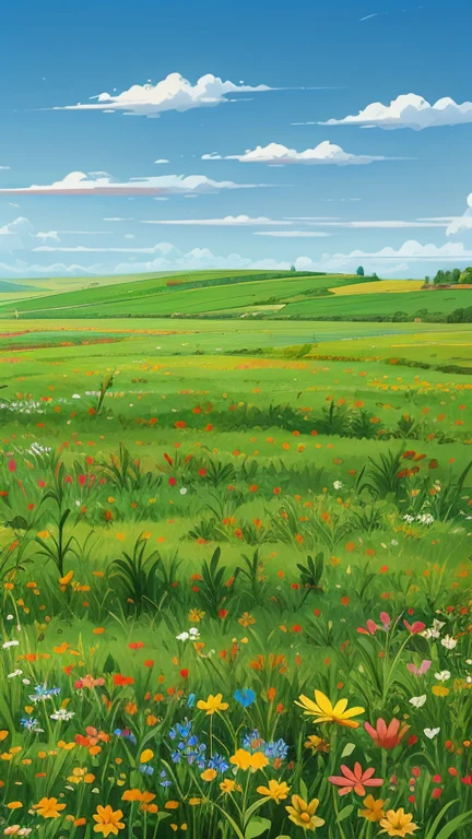 a painting of a green field with a blue sky in the background, straight line of horizon, multicolored flowers, farm field background, meadow background, field background, windows xp, windows xp wallpaper, windows xp background, farm background, windows xp bliss wallpaper, sunny sky background, steppe background, landscape background, blue sky and green grassland, sunny day background, clear sky background, landscape wallpaper, clear summer sky background size 150x100