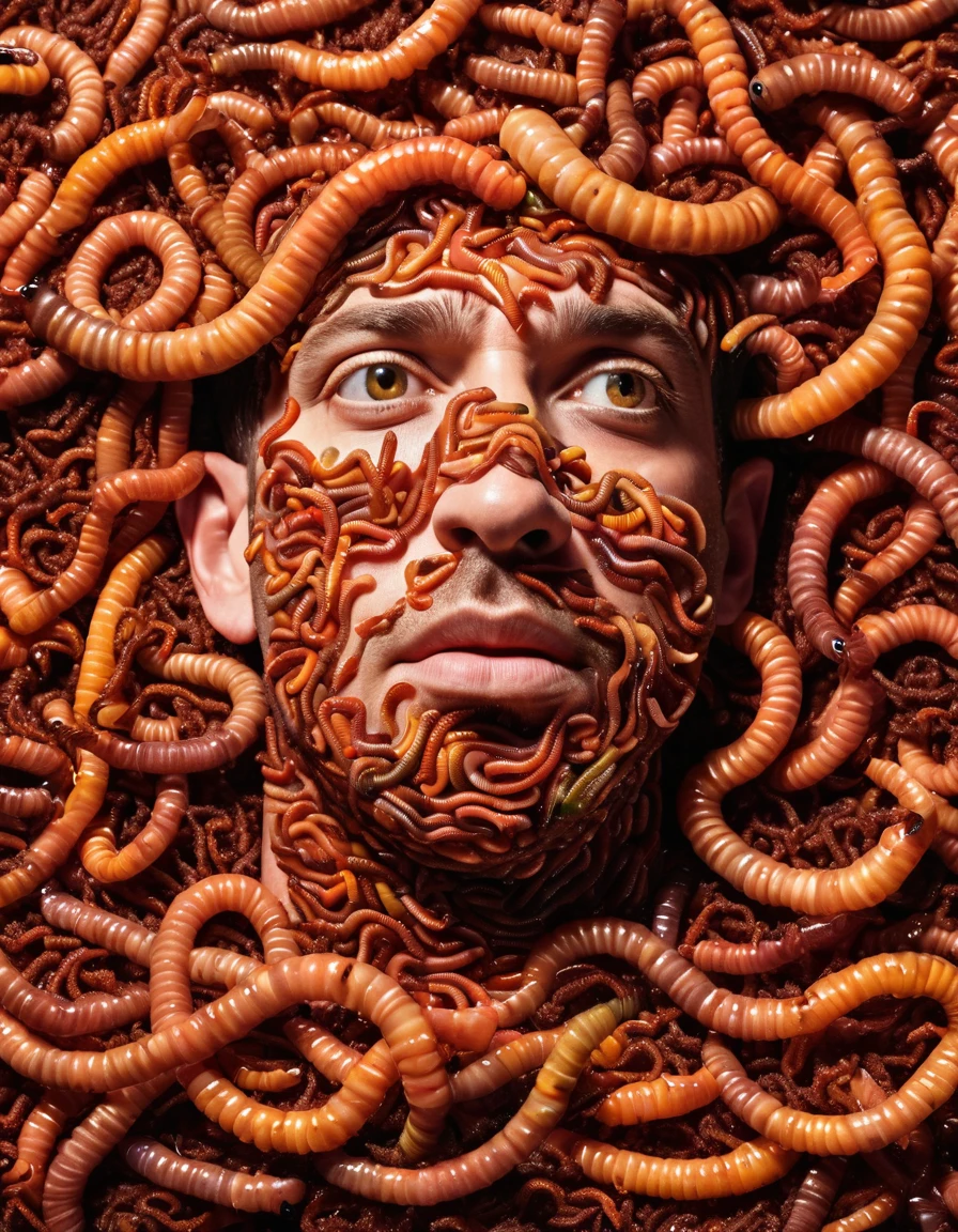 a picture of a man made completely out of worms, surreal background, disturbing