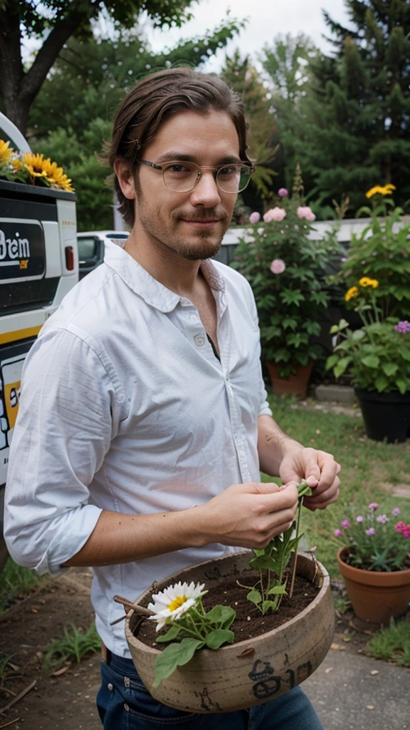 hipster man, wearing, planting flowers, smirk