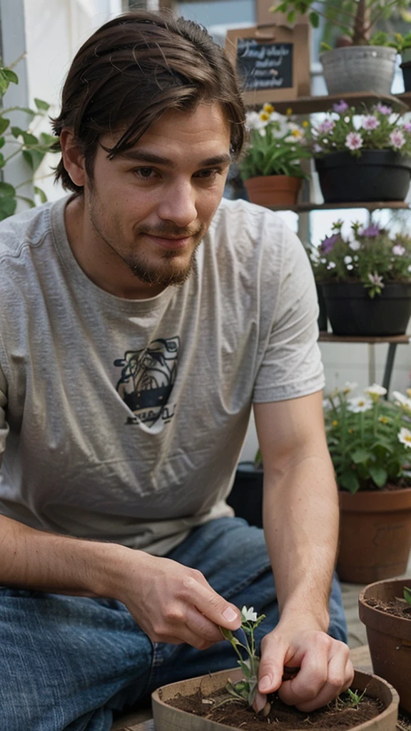 hipster man, wearing, planting flowers, smirk