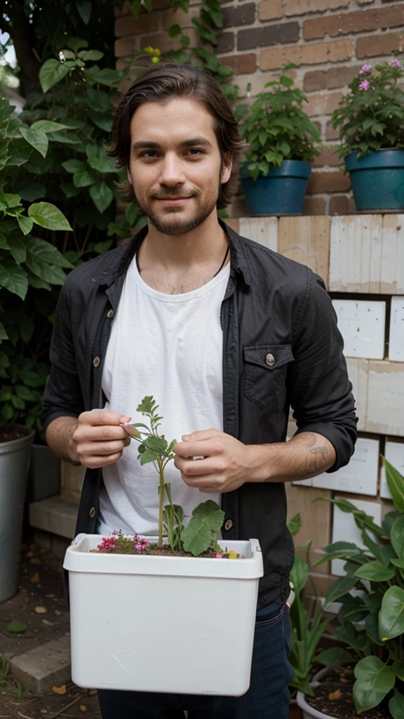 hipster man, wearing, planting flowers, smirk
