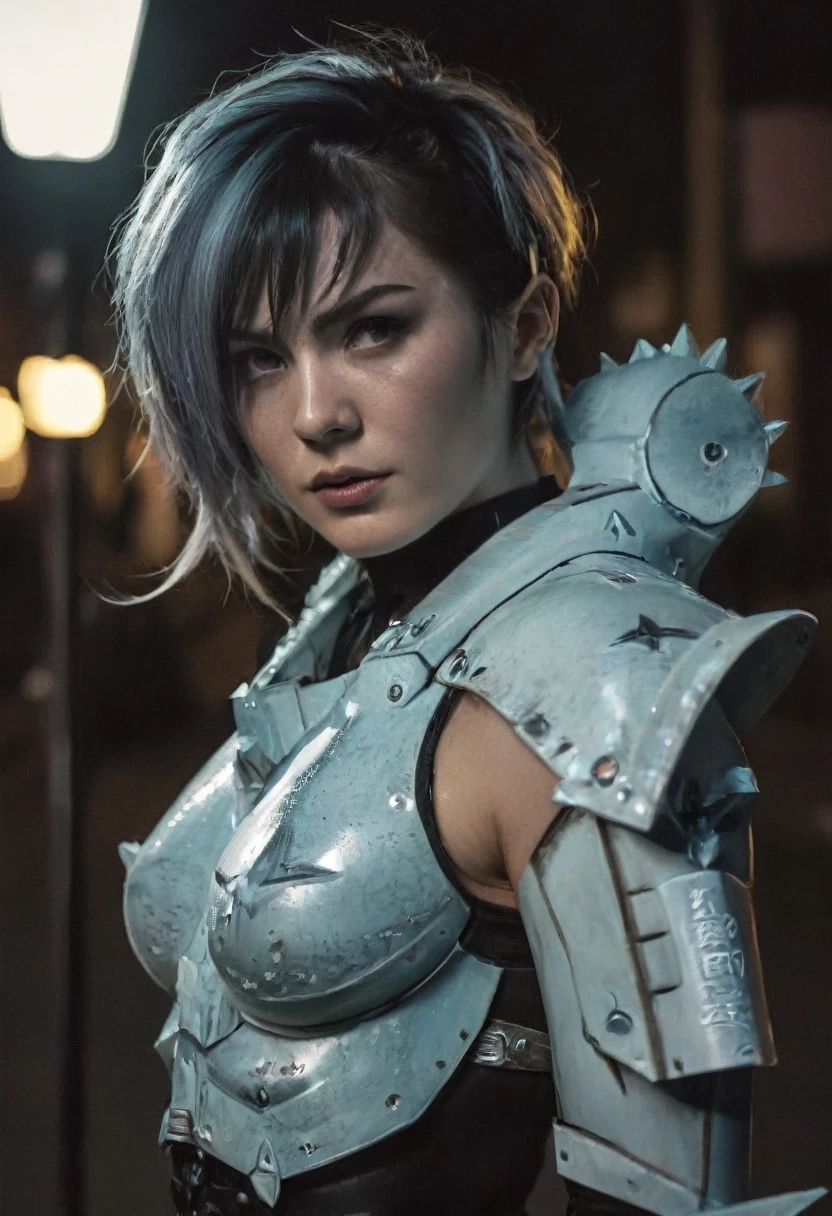 (realistic analog style sharp focus 8k raw photo with soft lighting and high quality:1.1), (hdr film grain:1.2),movie poster, a cute woman wearing a shiny (textured:1.2) (intricate:1.2) cyborgcosplay in a dark street at night, (cinematic hairstyle:1.2)