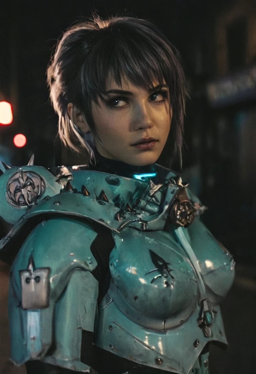 (realistic analog style sharp focus 8k raw photo with soft lighting and high quality:1.1), (hdr film grain:1.2),movie poster, a cute woman wearing a shiny (textured:1.2) (intricate:1.2) cyborgcosplay in a dark street at night, (cinematic hairstyle:1.2)