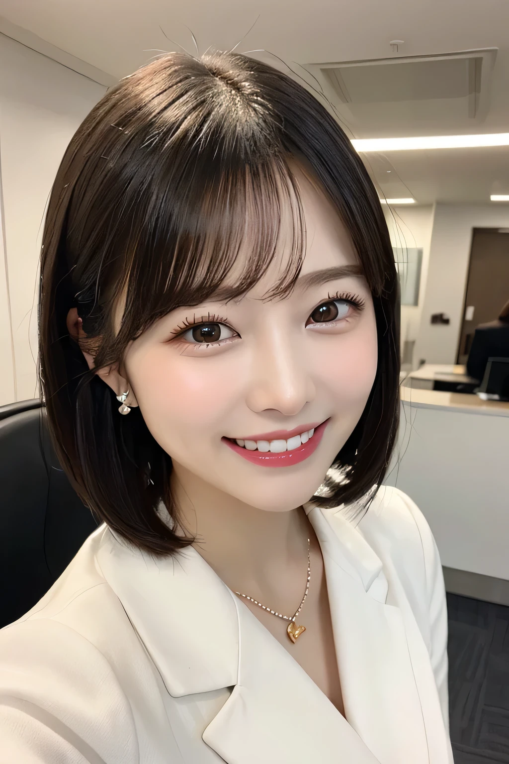 Clear Beauty、Office Lady Suits、Short Haircut、Black Hair、Ear piercing、necklace、smile、Beautiful teeth alignment、The background is the office