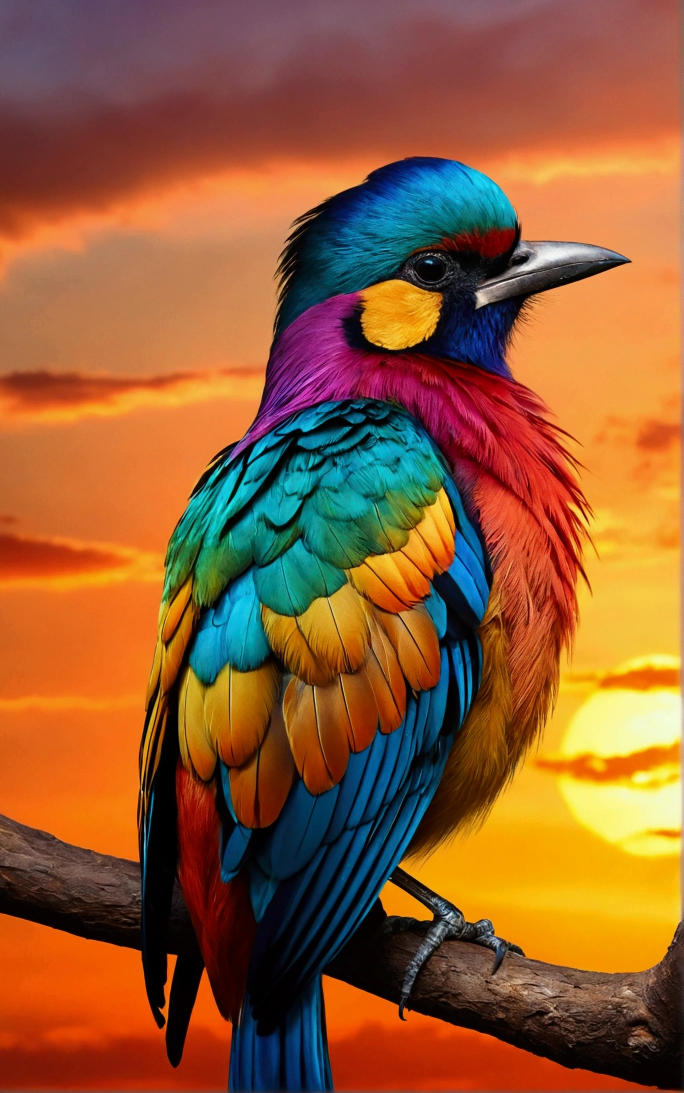 there is a bird that is sitting on a branch with a sunset in the background, colorful bird with a long, colorful plumage, a surrealistic bird, details and vivid colors, beautiful feathers, beautiful backlit, royal bird, surrealistic bird, by Juergen von Huendeberg, inspired by Charles Bird King, ophanim has bird wings