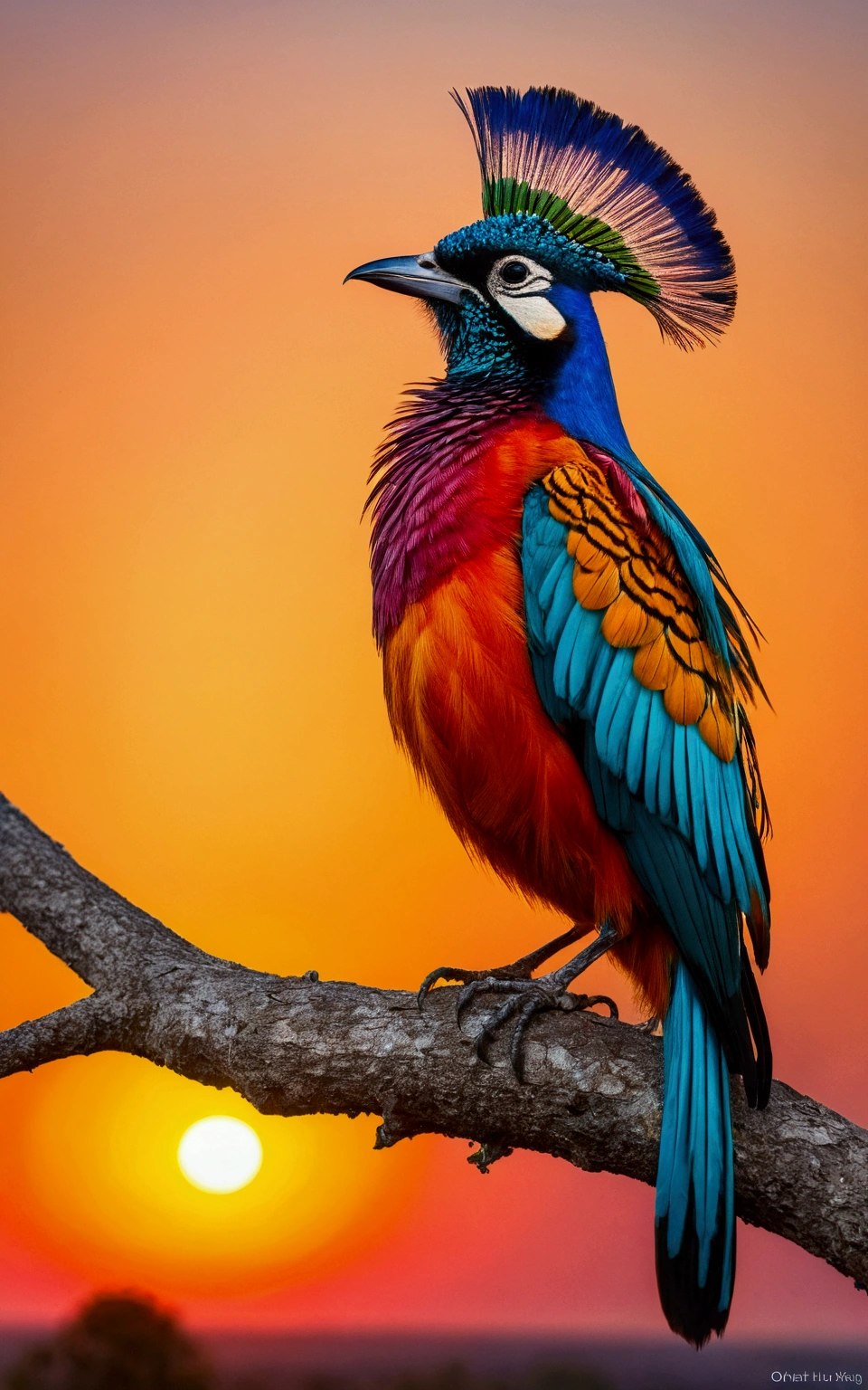 there is a bird that is sitting on a branch with a sunset in the background, colorful bird with a long, colorful plumage, a surrealistic bird, details and vivid colors, beautiful feathers, beautiful backlit, royal bird, surrealistic bird, by Juergen von Huendeberg, inspired by Charles Bird King, ophanim has bird wings