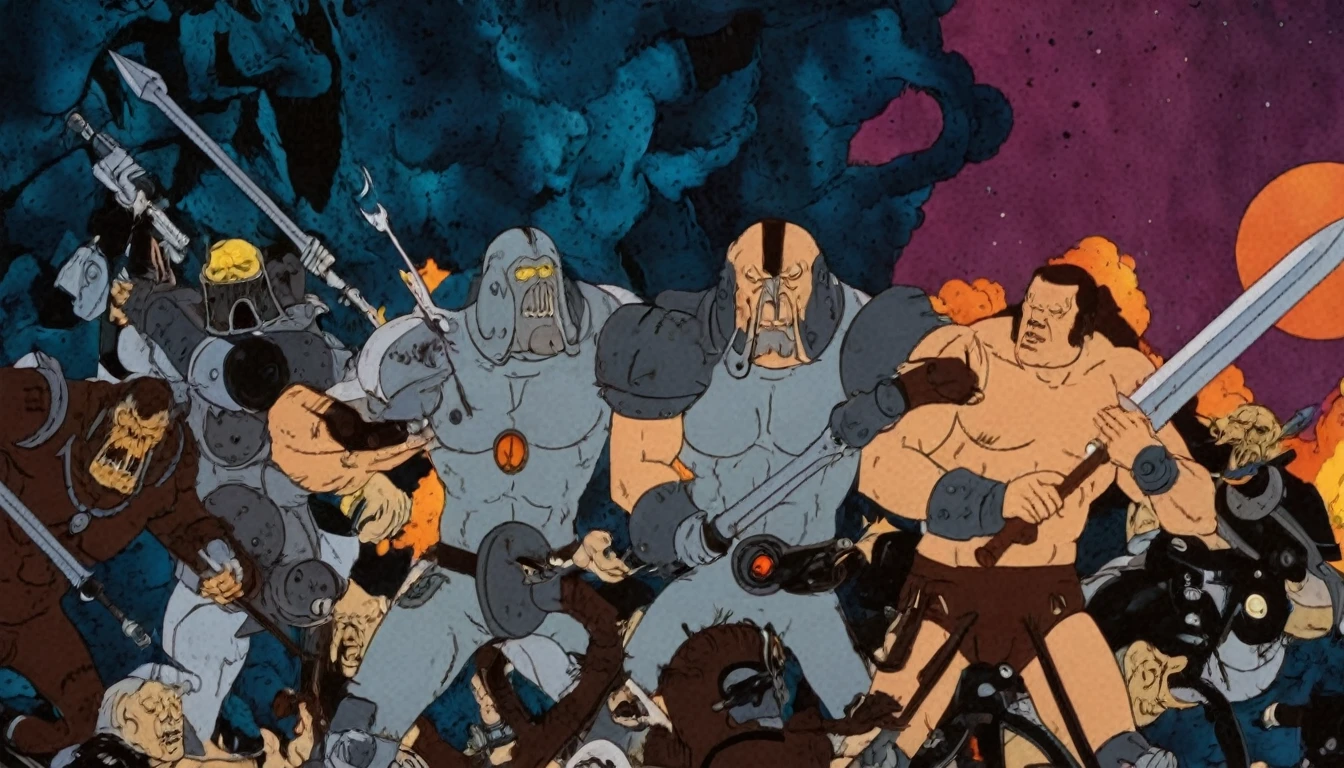 Flat 2D Art,simple flat color,2-dimensional,heavymetalstyle,Flat 2D Art Style, in (medium full shot:3.1) of lot of characters from (metal hurlant magazine:3.1), inspired by style of Simon Bisley and style of Ed Binkley art, (barbarian warriors in battles against space creatures, monsters, daemons, aliens, mutant, with explosions, smoke and fire, A view of distant space stations, with their intricate structures floating in zero gravity:1.1),