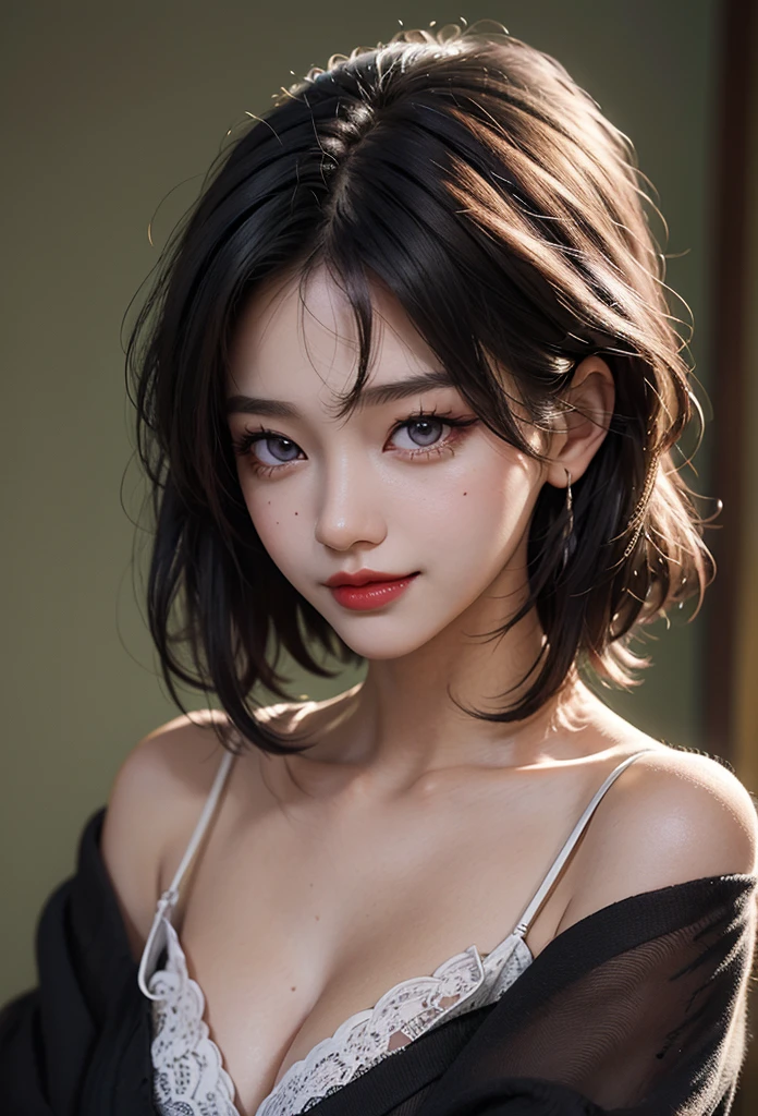 1 girl, 19 years old, south korean, 4k, masterpiece, realistic, realistic textures, frekles under eyes, short whavy black hair, bob haircut, shining purple eyes, detailed pupils, bright red lips, red eyeliners, off-shoulder top, discovered breast, gigant breast, happy, big smile, closed mouth, shrugging shoulders, multiple of frekles under eyes, detailed face, detailed eyes, facing camera, bright colors, close up, face focus.