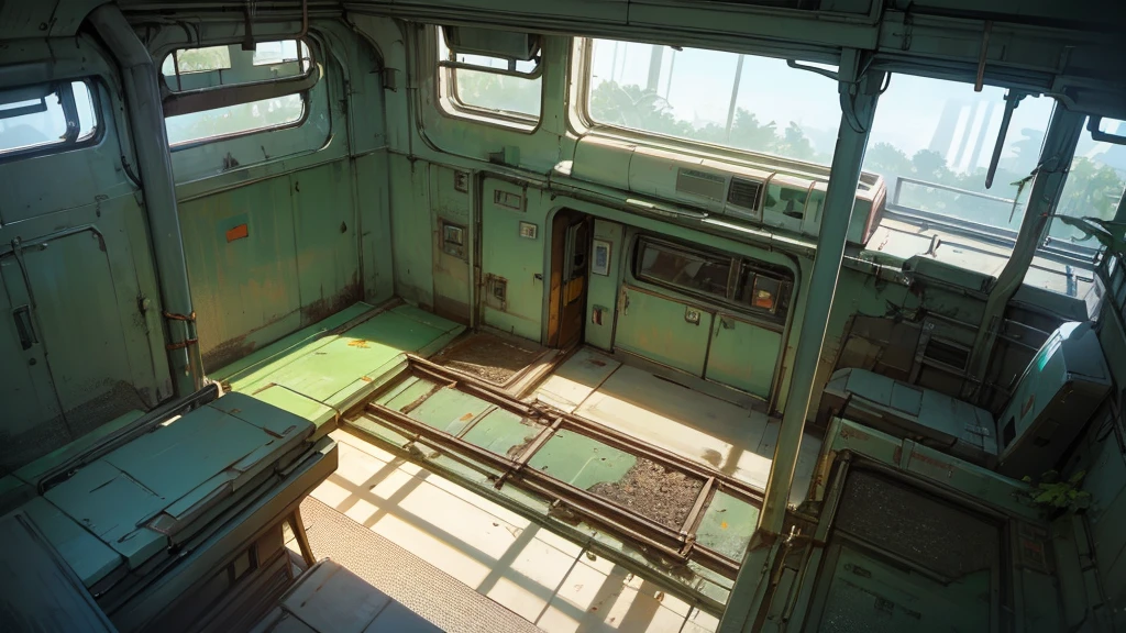 make a scene of a room of an abandoned futuristic railway seen from above. the place must be taken over by plants and be futuristic.