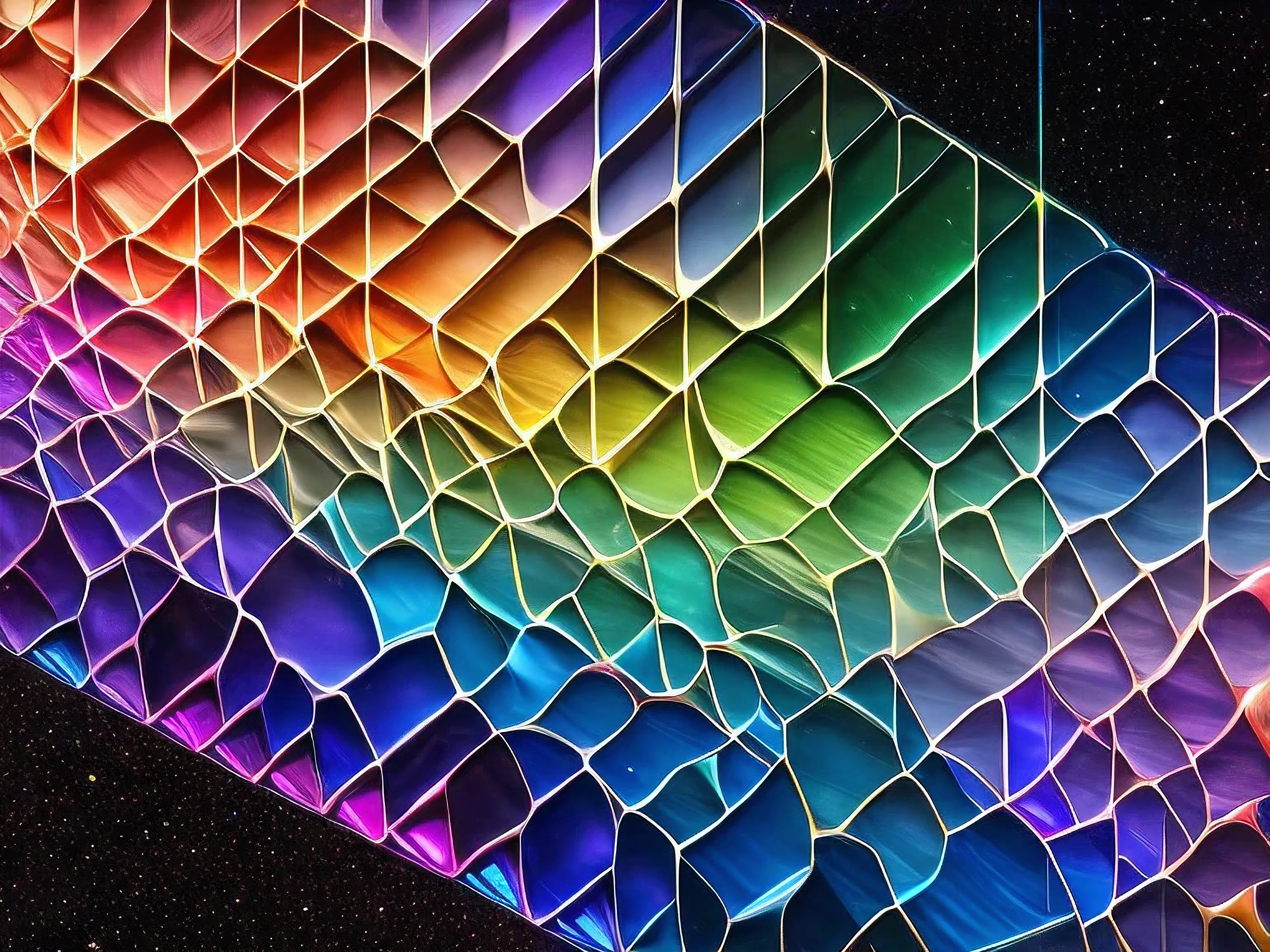 Net-like matrix of elongated Orthogonale Polyeder whose edges shimmer in all the colors of the rainbow. This matrix is the basis of everything we create. This matrix is in the universe.