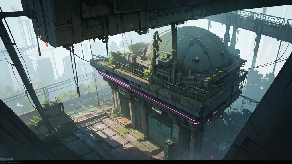 a futuristic abandoned railway station interior, overgrown with plants, view from above, highly detailed, cinematic lighting, dramatic atmosphere, epic scale, moody colors, neon accents, advanced technology, industrial design, cyberpunk, photorealistic