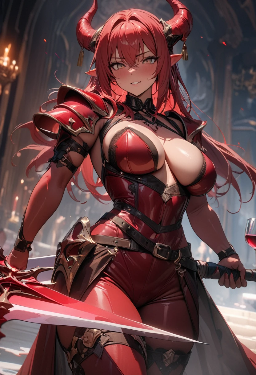 masterpiece, 8k, best quality, highly detailed, a red skinned tiefling woman wearing simple leather armor wielding a massive sword in one hand & a glass of wine in the other