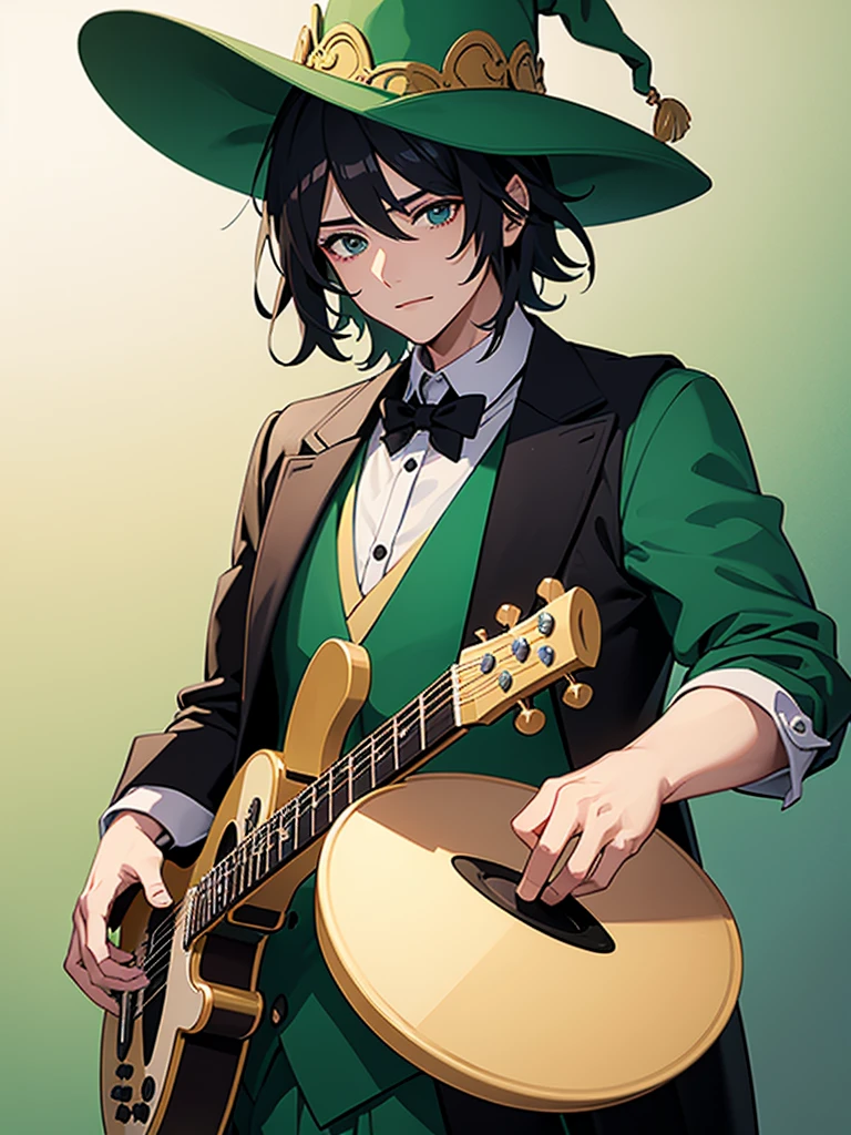 Play a male healer wizard character, create a combination of magician and mariachi clothing, green clothing color, dessert details, black hair, generates a big hat, place a guitar, do not multiply the instrument 