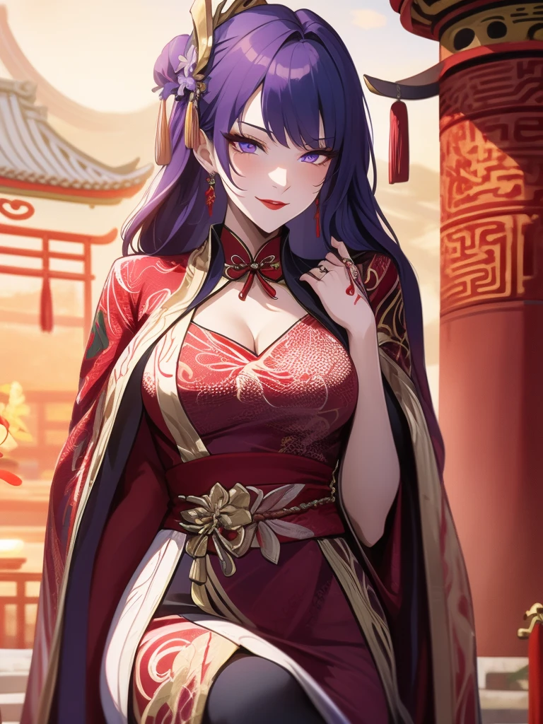 score_9, score_8_up, score_7_up, score_6_up, score_5_up, score_4_up, Raiden shogun, purple eyes, purple long hair, tied hair, hair in a bun, hairpin, traditional Chinese red wedding hanfu dress, Yourqipao Red Embroidery Chinese Xiuhe Hanfu Women's Satin Cheongsam Ancient Traditional Chinese Bride, Wedding Dress, Long Dresses, long earrings, red lipstick, detailed eyes, traditional wear, sexy attractive, hot, traditional, smiling widely, happy, blushing, lotuses, sitting,