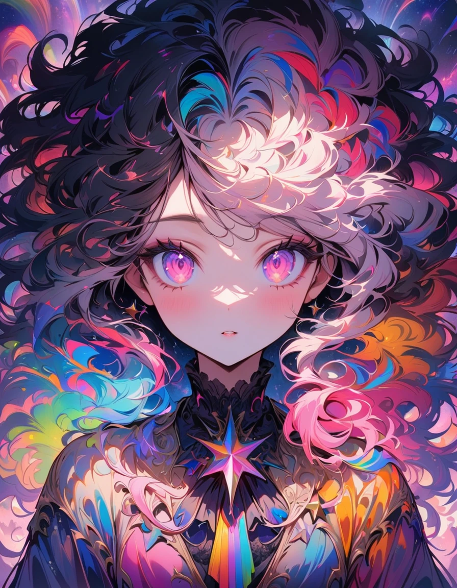 Near viewing, MASTERPIECE, HIGH QUALITY, 8k, Beautiful, Mesmerising, fluffy hair, Detailed Eyes, Pink eyes, starrystarscloudcolorful, add_detail:1, add_detail:0, add_detail:0.5, starlight, star, Rainbow colours, A lot of colours
