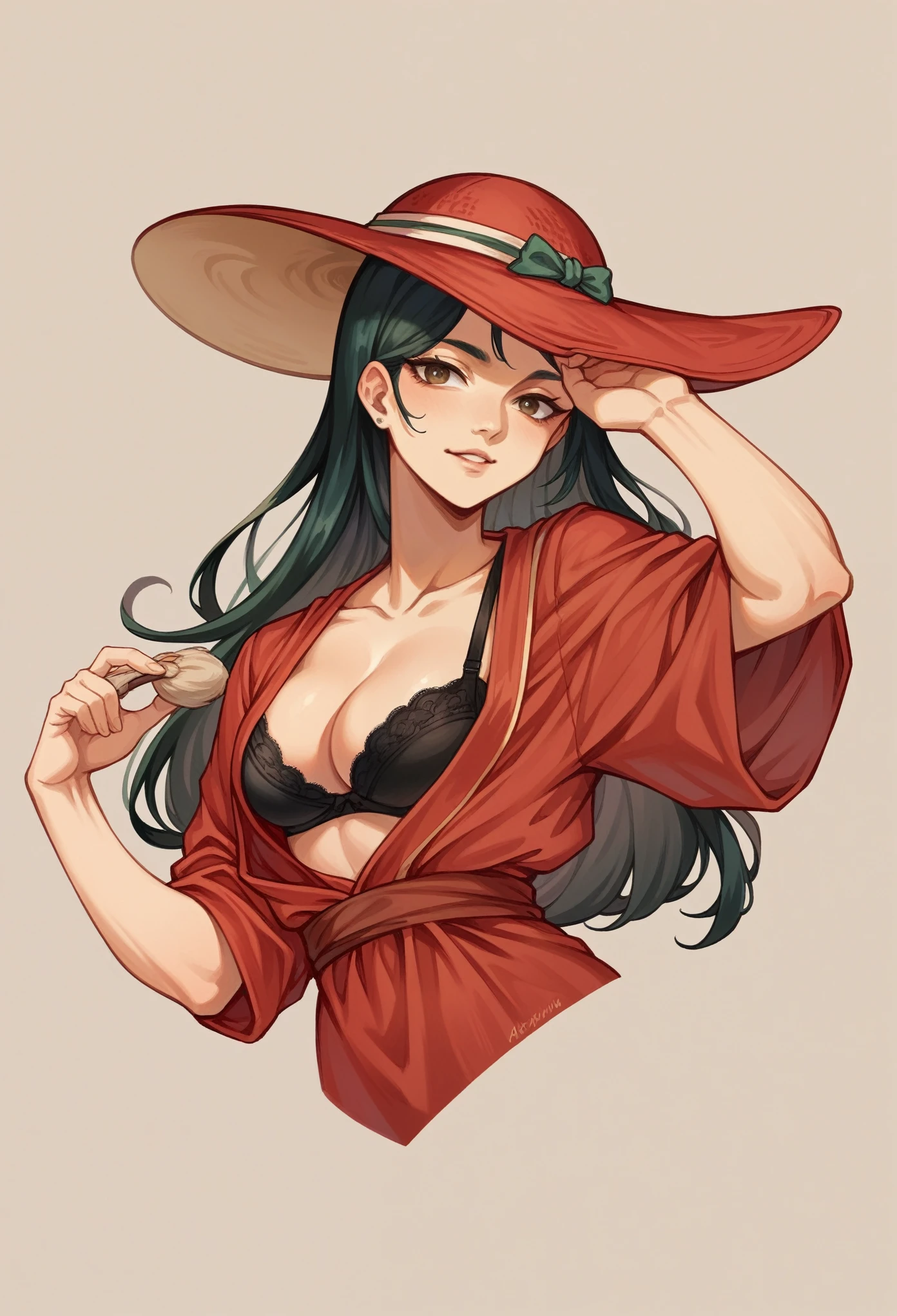 score_9, score_8_up, score_7_up, score_6_up, score_5_up, score_4_up, BREAK 1girl, Mexican female, red dress, cleavage, black bra, red hat, Mexican aesthetic clothing, traditional artesanía background.