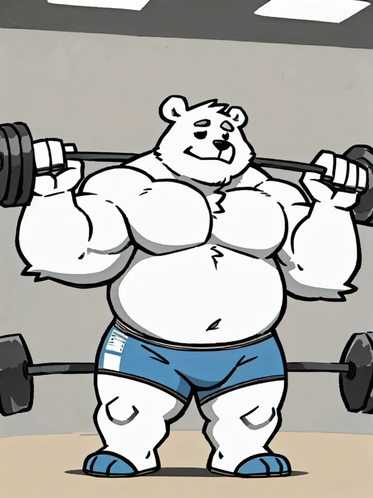 Polar bear face,Cute face,Humanity(polar bear), (without shoes) , Chubby, muscular character, bare chest, black competitive briefs, strong thigh, (grey eyebrows:1.1),(perfect black eyes), gym background,print style。(Artist:Takemoto Arashiundefined, undefined, undefined, undefined, working out