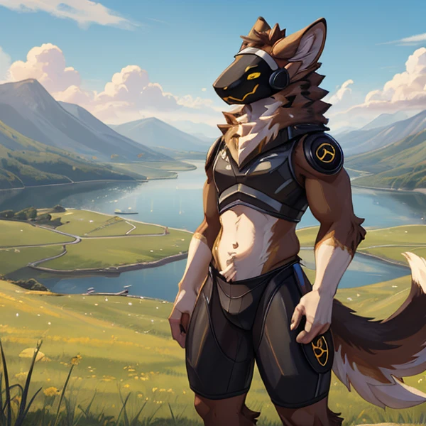 (very detailed illustration: 1.2), best quality, masterpiece, solo, natural lighting, protogen, (protogen face: 1.1), (protogen visor: 1.1), brown tail, torso, yellow eyes, dark brown fur, brown fur all over the body, dark brown hair, brown fur, full body ,he is standing, he is in a grass field, in front of it there is a beautiful landscape with a long river and lake with a lot of vegetation and it is a beautiful day, landscape