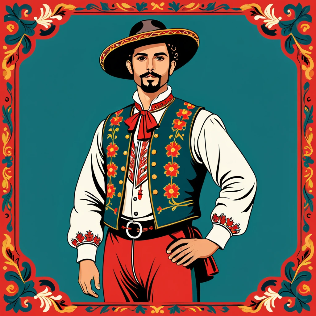 man in portugese folk outfit, vector graphics, strong contours