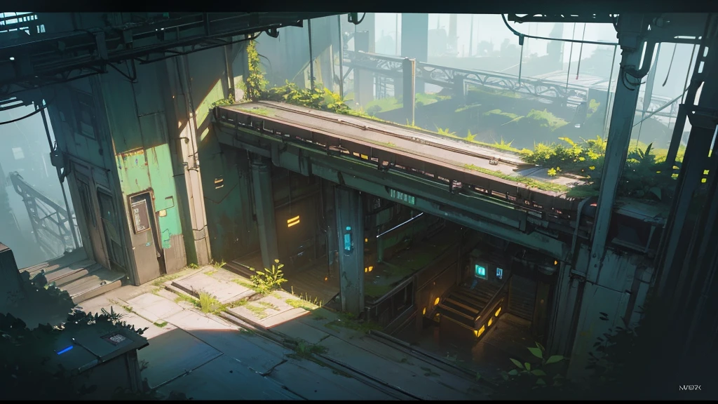 a futuristic abandoned railway station interior, overgrown with plants, view from above, highly detailed, cinematic lighting, dramatic atmosphere, epic scale, moody colors, neon accents, advanced technology, industrial design, cyberpunk, photorealistic