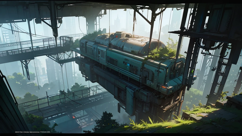 a futuristic abandoned railway station interior, overgrown with plants, view from above, highly detailed, cinematic lighting, dramatic atmosphere, epic scale, moody colors, neon accents, advanced technology, industrial design, cyberpunk, photorealistic