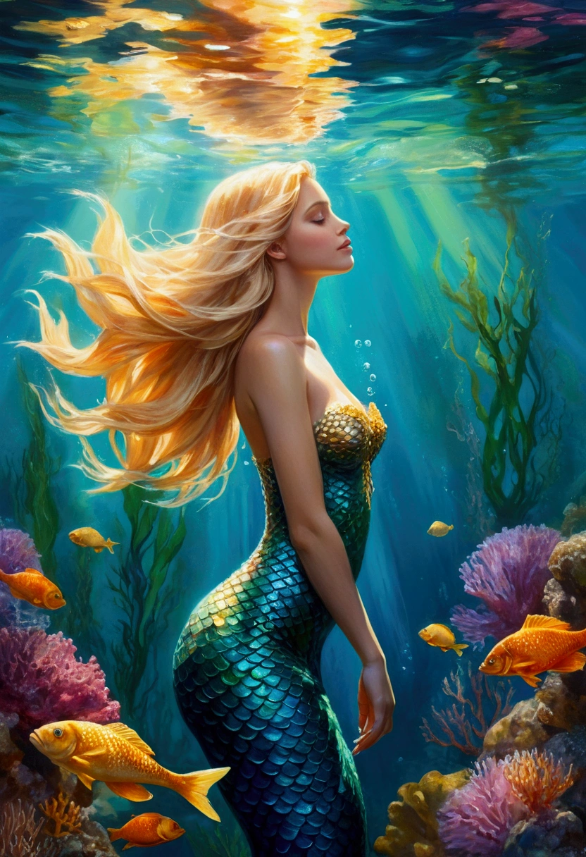 Oil painting, impressionism. Long shot, a Mermaid (full body) swims in the water. her form reflects below the surface of the water. Golden rays of the Sun illuminate the seabed. Digitally illustrated, beautiful long blonde hair and angelic face, 16k, extremely high quality rendering, amazing realism, bokeh, very detailed, detailed background with colorful corals & exotic fish, blooming algae and air bubbles reflecting all colors.