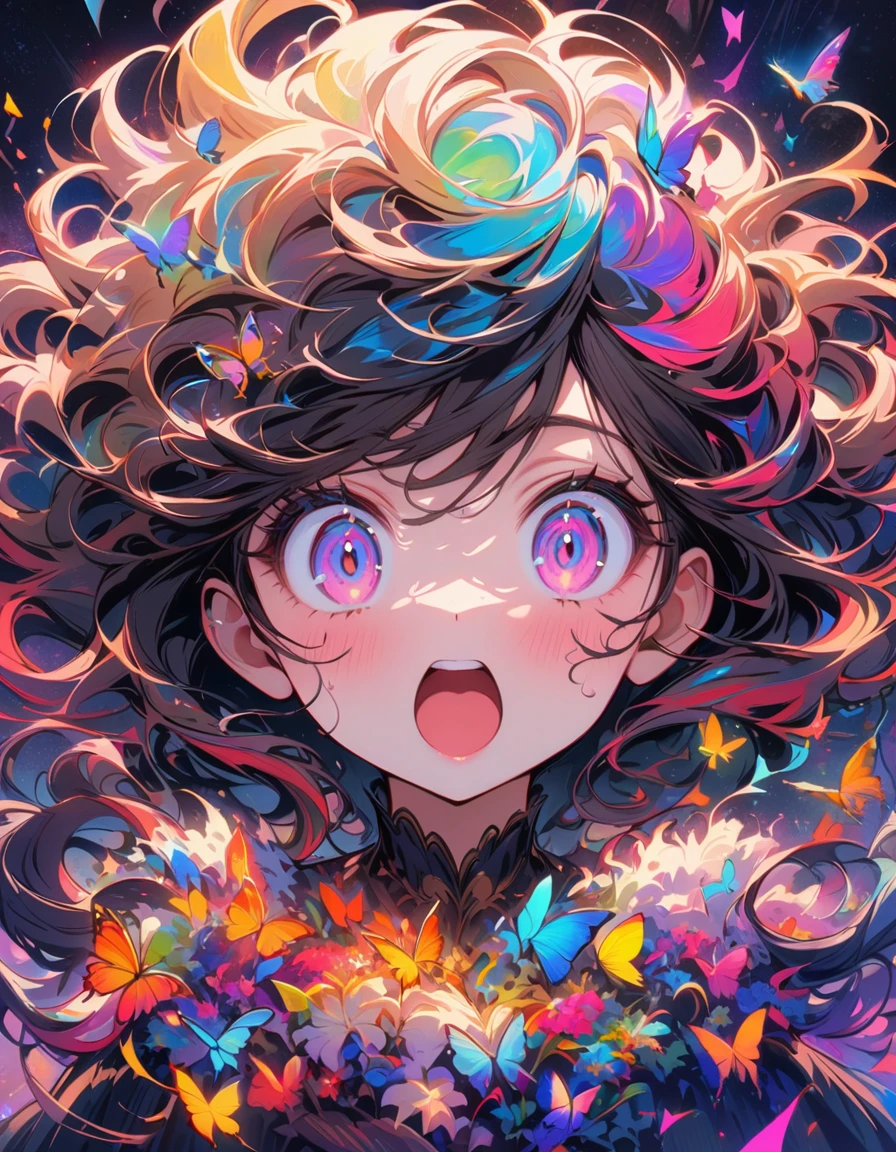 Near viewing, MASTERPIECE, HIGH QUALITY, 8k, Beautiful, Mesmerising, fluffy hair, Detailed Eyes, Pink eyes, starrystarscloudcolorful, add_detail:1, add_detail:0, add_detail:0.5, starlight, star, Rainbow colours, A lot of colours, Surprised, astonished, surprised, surprise, SURPRISE, butterfly style