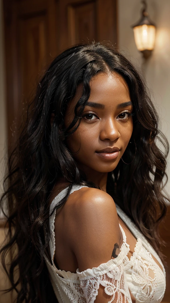 a beautiful black woman, long wavy curly black hair, neutral background, detailed facial features, intricate hairstyle, glowing skin, warm skin tone, elegant expression, serene atmosphere, soft lighting, photorealistic, high quality, hyper detailed, 8k, masterpiece