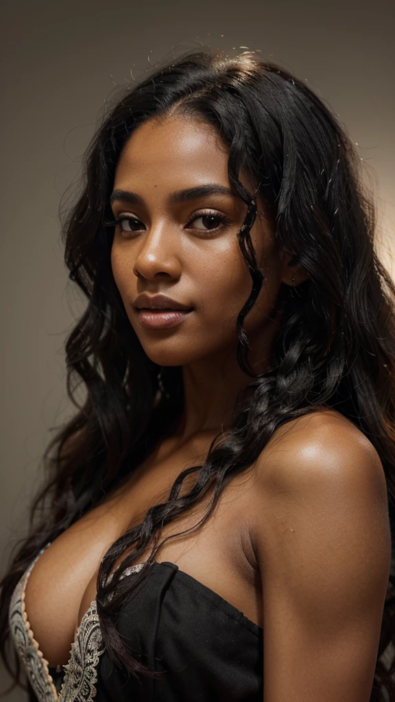 a beautiful black woman, long wavy curly black hair, neutral background, detailed facial features, intricate hairstyle, glowing skin, warm skin tone, elegant expression, serene atmosphere, soft lighting, photorealistic, high quality, hyper detailed, 8k, masterpiece