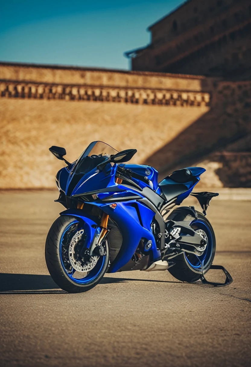 blue Yamaha YZF-R7, cinematic camera angle, phone wallpaper, masterpiece quality, cinematic photography