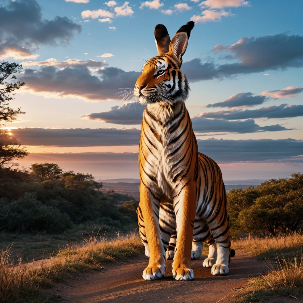 Generate cartoon images with a sharp rabbit in front, a sharp horse on the left back of the rabbit, a sharp tiger on the right back of the rabbit, and a silver dawn background